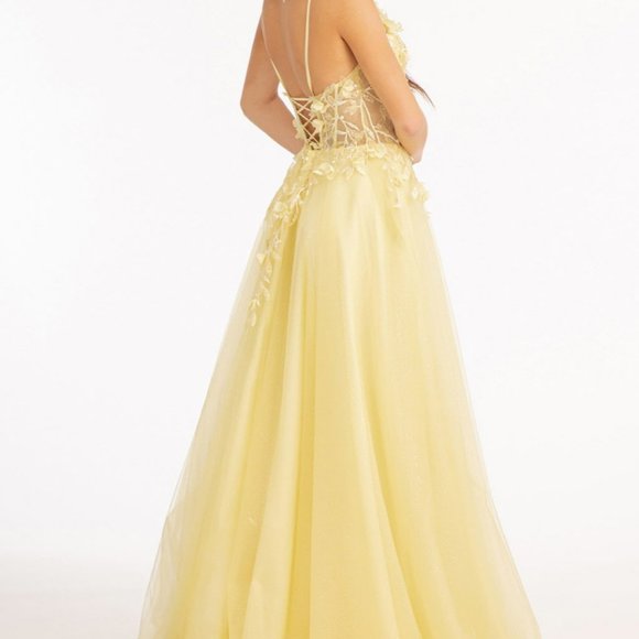 YELLOW  3-D Flower Applique Glitter Mesh A-line Dress Embroidery Sequin GL3034 - Picture 4 of 5